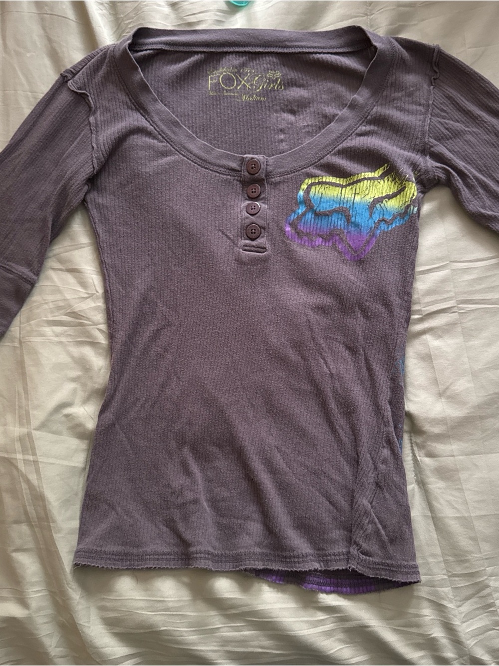 Fox Purple Long-Sleeve Henley with Rainbow Fox Graphic